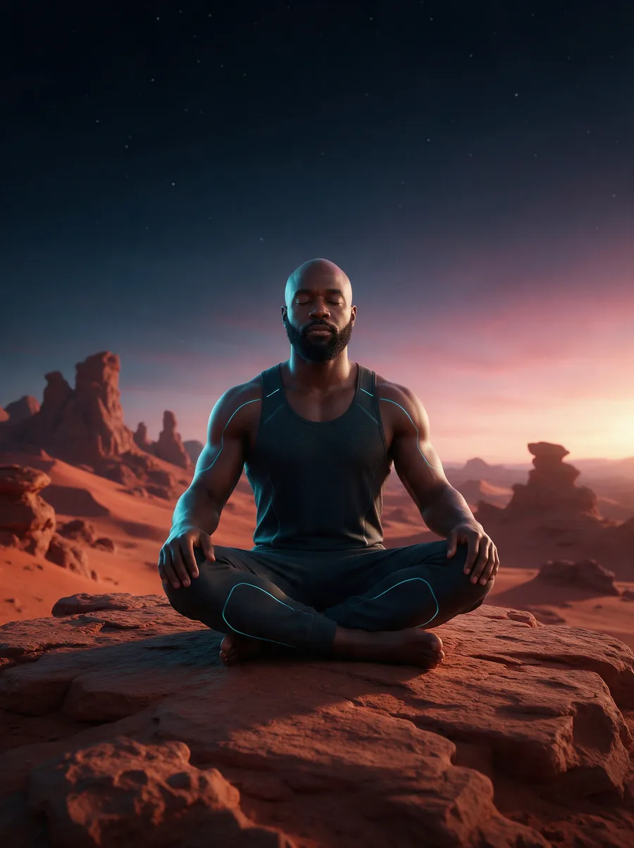 Daniel's character meditating cross-legged on a Mars plateau at dawn